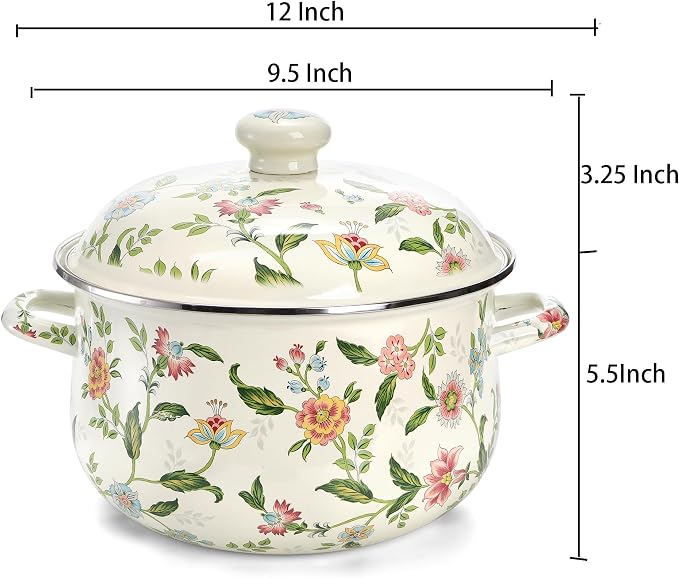 Jucoan 5 Quart Enamel Stockpot with Lid, Green Floral Enamelware Cooking Pot with Dual Handles for Stovetop, Large Soup Pot Potpourri Simmer Pot Gift for Housewarming Bridal Shower Mother's Day