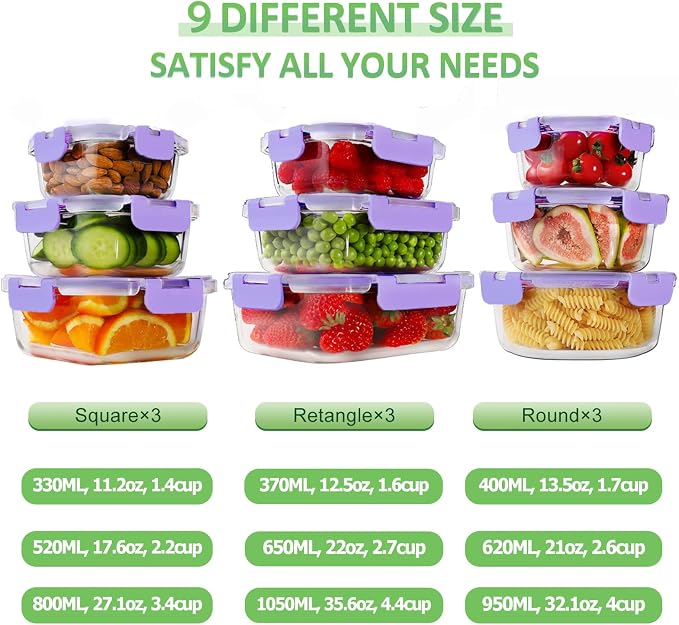 HOMBERKING Glass Food Storage Containers with Lids, 18 Piece Meal Prep Containers, Airtight Lunch Bento Boxes, BPA-Free & Leak Proof (9 Lids & 9 Containers) - Purple