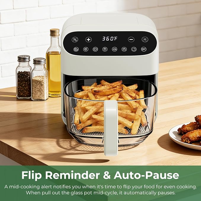 5 QT Glass Air Fryer, Non Toxic Airfryer with Digital Touch Control | 8 Preset Modes, PTFE/PFAS Free, BPA-Free, Uncoated High Borosilicate Glass Basket, Dishwasher Safe, White