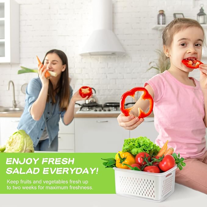 TBMax Fruit Storage Containers for Fridge Organizers and Storage, 4 Pack Large Produce Saver with Airtight Lid & Colander for Berry Lettuce Salad Vegetable Storage, Refrigerator Organizers