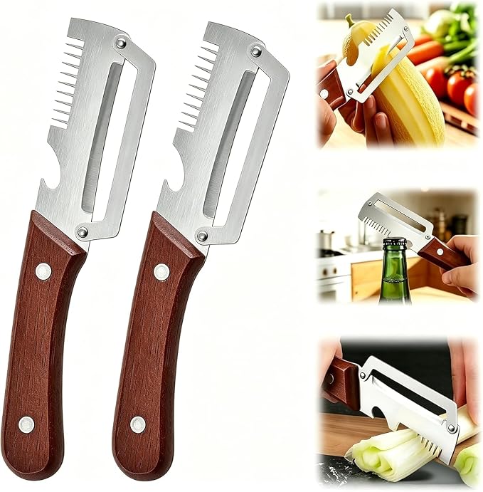 2 Pack Multifunctional Vegetable Peeler, 3 in 1 Kitchen Vegetable Peeler with Wooden Handle, Grater & Bottle Opener & Peelers for Kitchen for Potato, Carrot, Apple, Fruit & Vegetable