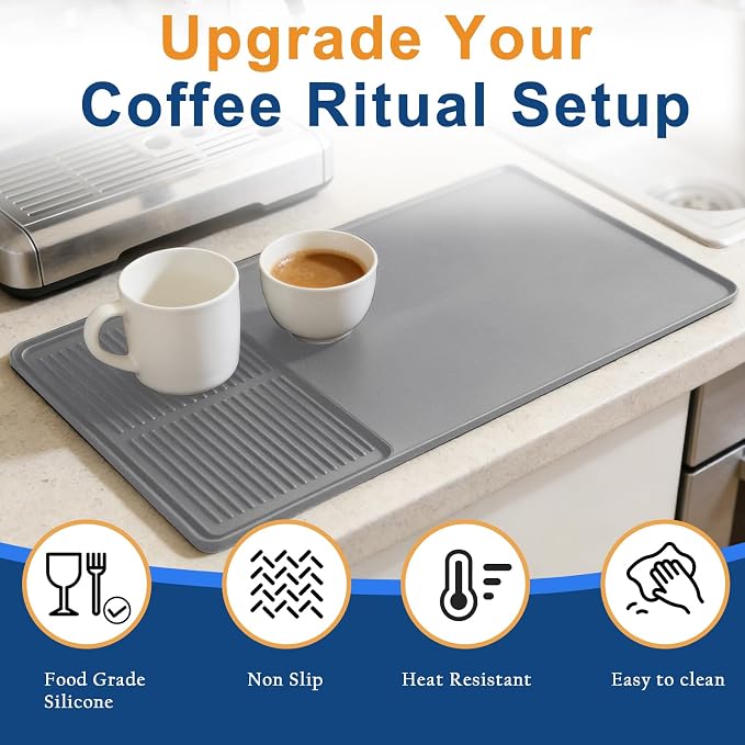 Mrcrypos Silicone Coffee Station Mat with Rasied Edges 16x24 Inch, Grey | Anti-Slip, Heat-Resistant, Spill-Proof, Bar Mat for Most Countertop & Espresso Machines, under Coffee Maker/Dish Rack