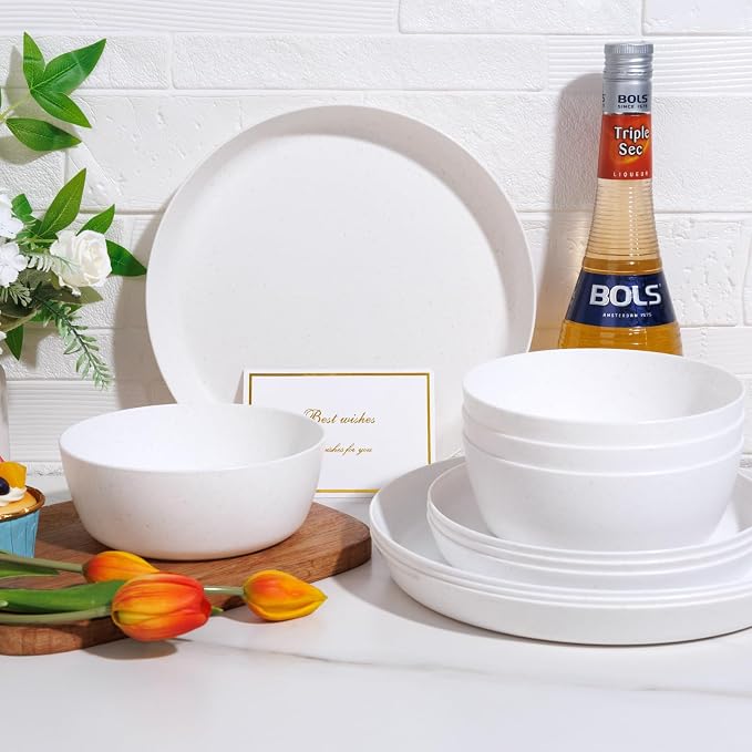 EjonirInjonir 12pcs Wheat Straw Dinnerware Sets for Camping, Unbreakable | Deep Wheat Straw Plates and White Dish Set for Indoor Outdoor Dining,Reusable Plastic Plates are Apartment Essentials