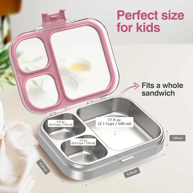 HOMEKOL Stainless Steel Bento Lunch Box, Pink, 3.3Cups | 3-Compartment,Leak-Proof, for Kids & Adults, BPA-Free, Dishwasher Safe, Clear Tritan Lid, 800ml (Not Insulated)