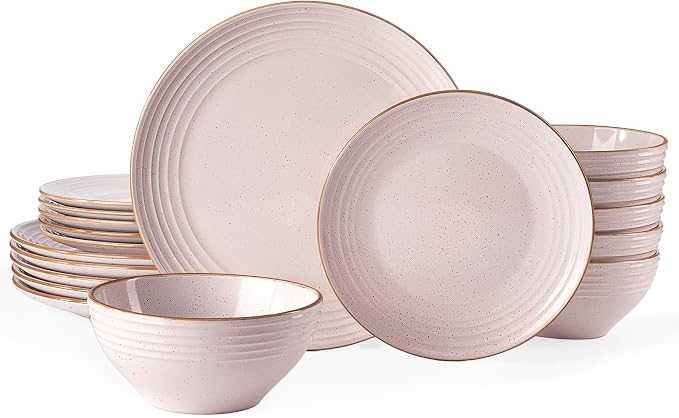 Famiware Jupiter Plates and Bowls Sets with Rim, Stoneware Dinnerware for 4 | 12-Piece Ceramic Neutral Dishes, Speckled & Embossed Swirl, Chip & Scratch Resistant, Microwave & Dishwasher Safe, Light Pink