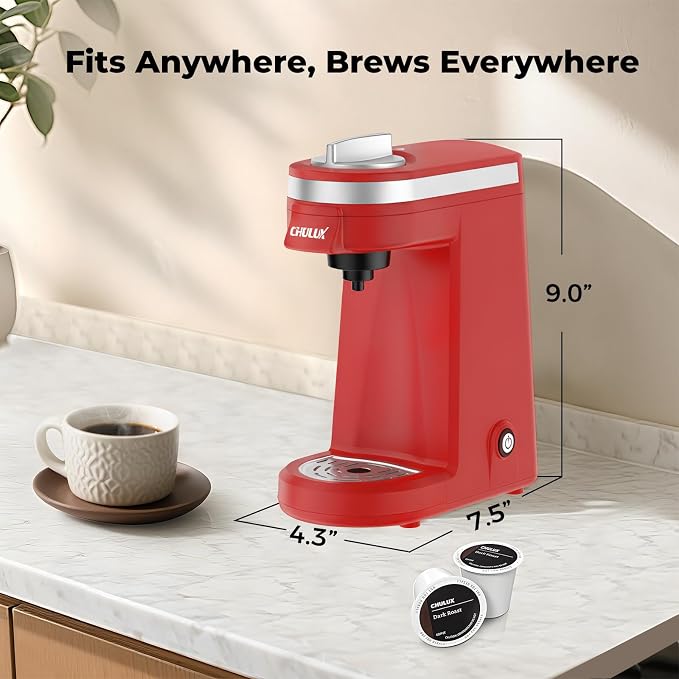 CHULUX Mini Single Cup Coffee Maker for K Pod, Perfect for Small Space, Red | Fast-Heating Boiler System, Single Cup Brewing, Portable Compact Design, Four-Hole Multi-Stream Needle, Adjustable Drip Tray