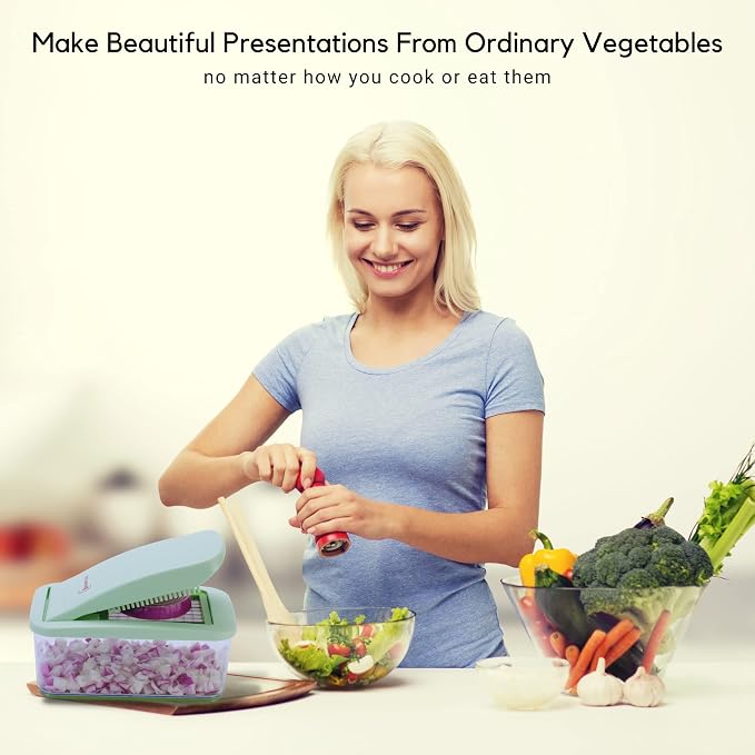 Onion Chopper Vegetable Dicer: Brieftons QuickPush Push-Down Food Chopper, Green, 3 Extra Large Blades, 200% More Cutting Area, 2.6-Quart Container, No Electricity, 12mm/23mm Dice & 6mm Slice