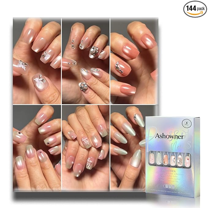 6 Packs (144 Pcs) | Reusable Press on Nails | cute nails | 6-Style Bundle | 12 Sizes | Each Style 24 Pcs | Colorful & diamond