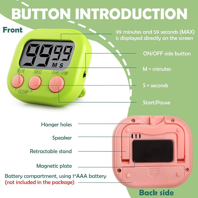 Kitchen Timers 4 Pack, Electronic Timers with Loud Alarm for Cooking, Magnetic Digital Timers Big LCD Display Blue Green Pink White (No Battery Included)
