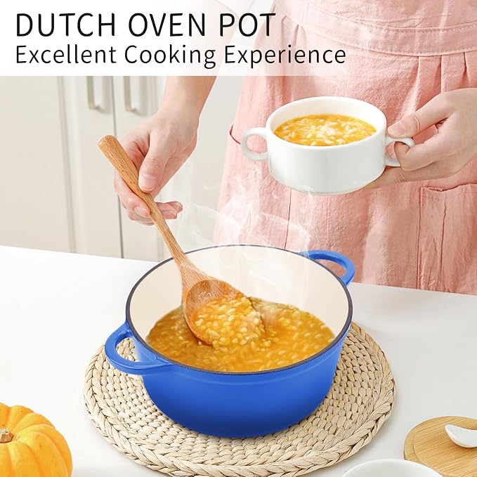 6 Quart Enameled Cast Iron Dutch Oven Pot with Lid Blue | Silicone Accessories, Oven Safe up to 500°F, Non-stick Dutch Oven for Bread Baking, Cooking, Dual Handles Cookware