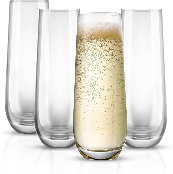 KooK Stemless Glass Champagne Flutes, Cocktail Cups for Rose, 9.4 oz (Classic Set of 4) Prosecco, Mimosa, Great for Weddings and Parties, Dishwasher Safe