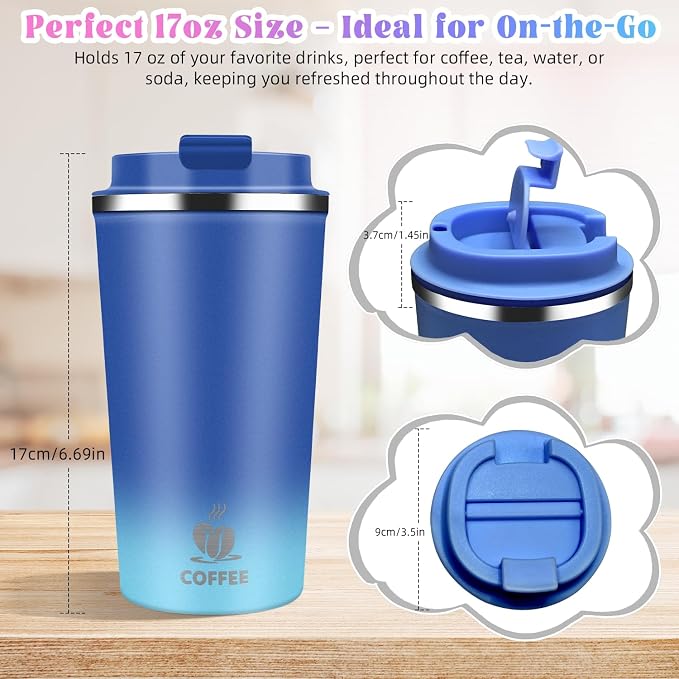 17oz Insulated Travel Coffee Mug with Flip Lid – Leakproof Stainless Steel Insulated Coffee Tumblers, Reusable Coffee Cup for Hot & Cold Drinks, Perfect for Camping & On-the-Go