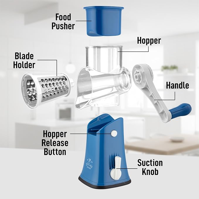 Zulay Kitchen Rotary Cheese Grater 5 Blade Cheese Shredder - Manual Hand Crank Cheese Grater With Reinforced Suction & 5 Interchangeable Drums - Easy to Use, Vegetable Chopper Round Mandoline Slicer