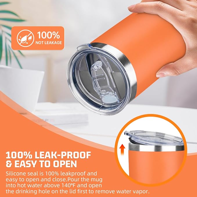 20 oz Tumbler with Lids and Straws, Stainless Steel Insulated Travel Coffee Mug, Double Wall Vacuum Insulated Tumblers, Powder Coated Coffee Tumbler for Cold & Hot Drinks (Orange)