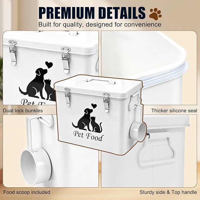 Vivifying Airtight Metal Dog Food Storage Container with Scoop, 13 lb | Sealing Ring and Double Locks Keep Dog Treats, Cat Treats, Cookies and Dry Pet Food Fresh, Secure and Organized, White