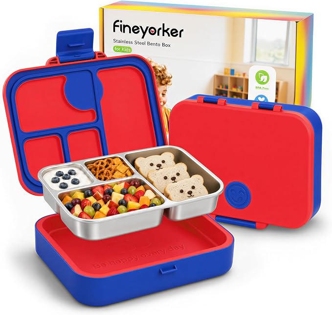 Kids Stainless Steel Bento Lunch Box, 4 Compartments | Leak-Resistant 4 Cups Lunch Container for Ages 4+ with Easy-Open Latch, Removable Seal & Meal Feedback Icon