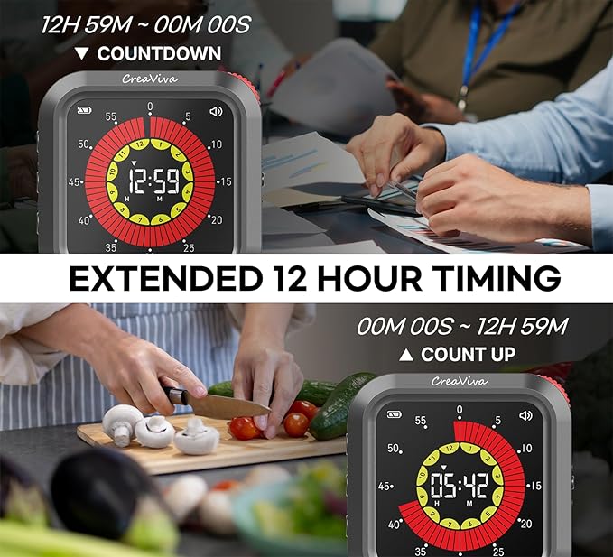 Visual Digital Timer, Large Color Display & Rechargeable, Magnetic Back & Silent Mode, 12 Hours Countdown/Up Stopwatch Timer for ADHD, Kids, Classroom, Kitchen, Work Productivity (Gray)