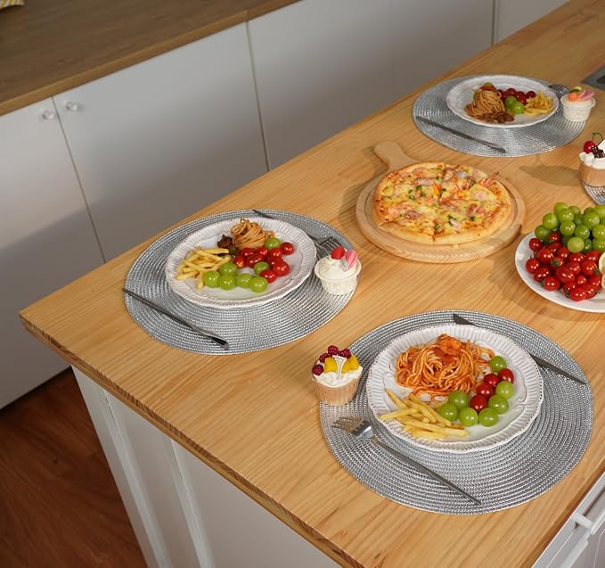 Zupro Round Silvery Placemats Set of 6 Braided 15" Indoor/Outdoor Use | Heat Resistant Non-Slip Washable,for Kitchen Dining Tables Dinner Parties Thanksgiving Christmas and Everyday Use.