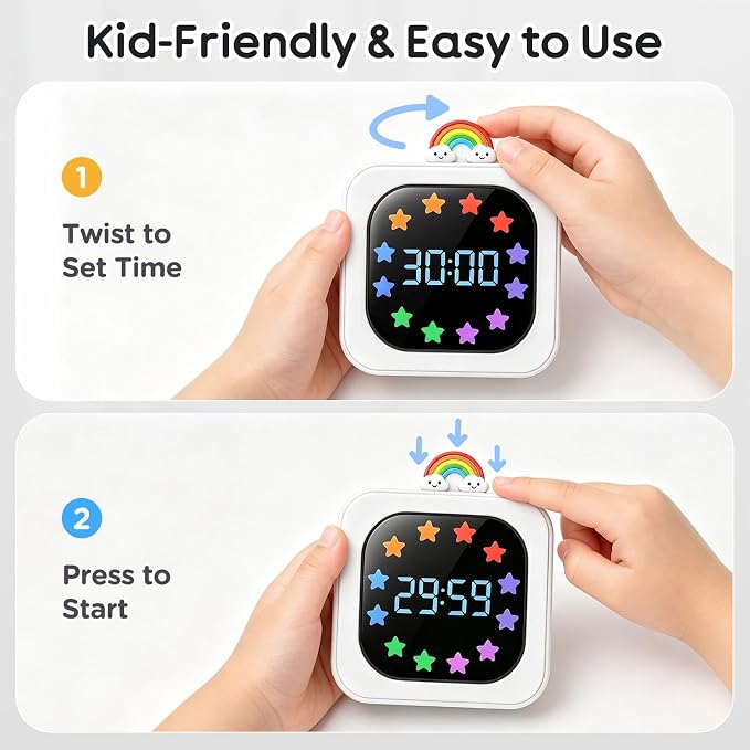 Digital Visual Timer for Kids with 12-Star Rainbow Display & 9 Color Modes | 99-Minute Count-Up & Countdown Timer with Silent Mode & Pause for Classroom, Home, Kitchen, Rechargeable, White
