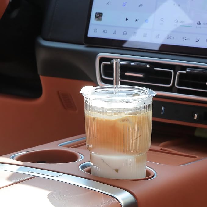 Drinking Glasses with Lids and Glass Straw 4pcs Set,20oz Glass Tumbler Cups,Water Glasses,Iced Coffee Glasses,iced Tea Glasses,Beer Glasses,Ideal for Whiskey,2 Brushes