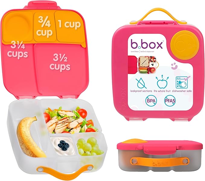 b.box Lunch Box, 8.5 Cup Bento Box for All Ages, Snack Box Food Containers | Lunch Box Kids + Adults, Lunch Containers, 4 Compartments, Leak Proof, Dishwasher Safe, BPA Free, PFAS Free—Strawberry Shake
