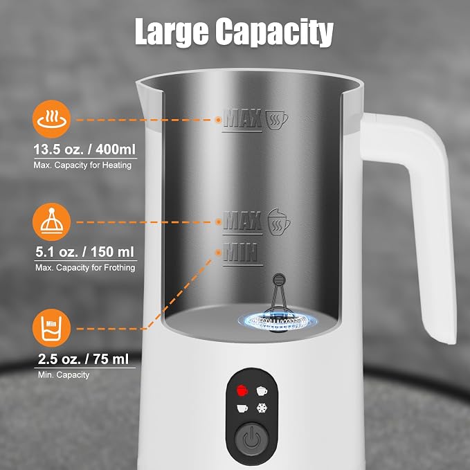 Milk Frother, 4-in-1 Milk Steamer and Frother, 13.5oz, White | Large Capacity Electric Milk Steamer, Hot & Cold Foam Maker and Milk Warmer, Frother for Coffee, Latte, Cappuccino, Macchiato