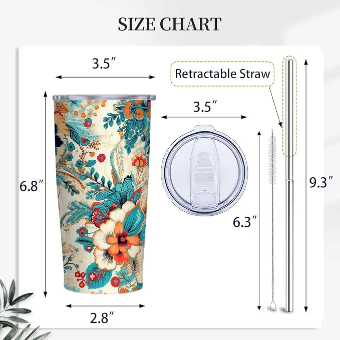 Floral Tumbler 20 oz | Stainless Steel Travel Mug with Lid | Insulated Flower Cup for Coffee, Tea and Iced Drinks | Birthday and Christmas Gifts for Women, Mom and Girlfriend