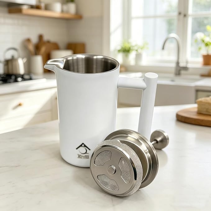 QNA French Press Coffee Maker, 34oz(1000ml)304 Stainless Steel, Double Wall | Includes a coffee canister and extra filter for upgraded 4-layer filtration, delivering smoother coffee with fewer grounds.