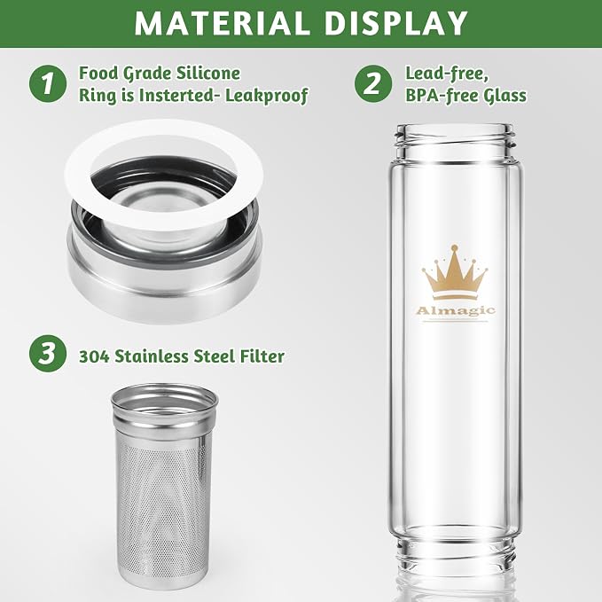 Tea Infuser Bottle for Loose Leaf Teas, 400 ml / 13.5 fl oz | Double Wall Glass Tea Bottle with Infuser, Insulated Tea Tumbler, Leak Proof Water Bottle with Protective Travel Sleeve