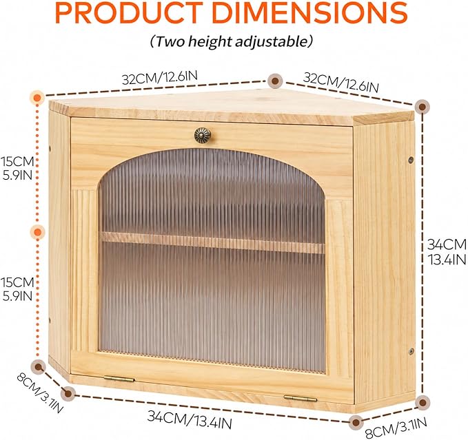 Corner Bread Box for Kitchen Countertop, Solid Wood, Natural | 2-Tier Large Capacity, Wooden Bread Box, Vintage Farmhouse Breadbox, Pine Wood, Bread Storage Container, Adjustable Shelf