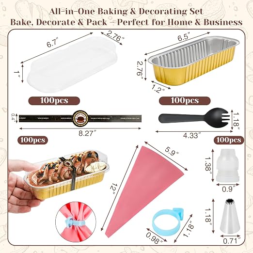 YQER 100 Pack Gold Mini Cake Pans with Lids and Spoons, 6.8 oz Disposable Aluminum Foil Mini Loaf Pans Cake Tins with Stickers and Reusable Decorating Set for Wedding Desserts, Parties and Gifts