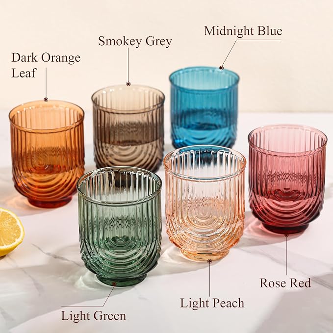 Colored Vintage Drinking Glasses Set of 6-15oz Hand-Blown Highball Ribbed Glassware, Arch Design Cocktail Glasses for Whiskey Water Beverages Ice Coffee Juice Milk