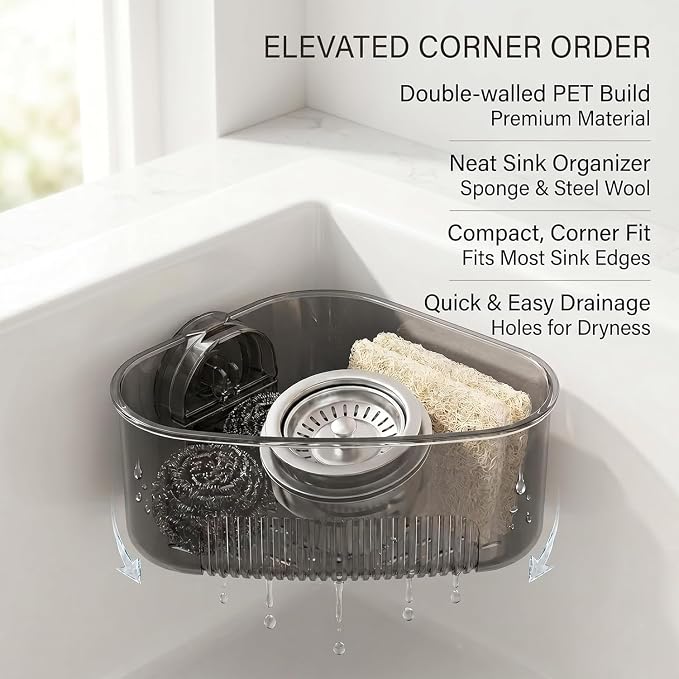 2PCS Corner Sink Organizer Rack for Kitchen - Triangular Sponge Holder & Dish Brush Caddy with Powerful Vacuum Suction Cup Mount - Fast Draining Storage Basket for Sink, Bathroom & Laundry