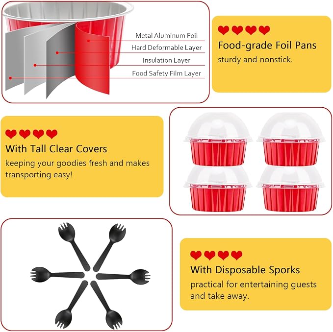 LNYZQUS 5oz Cupcake Tins with Dome Lids 100 Pack, Foil Dot Cake Cups | Mini Cake Pans and Containers, Disposable Ramekins, for Baking and Packaging, for Christmas, Round Red