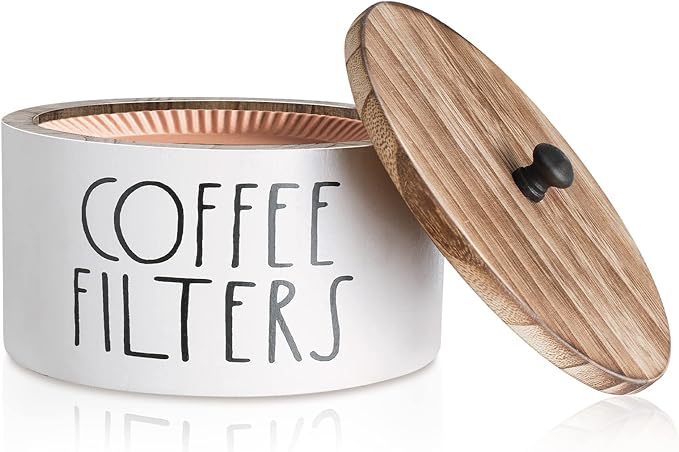MINCORD Coffee Filter Holder | White Finsh Wood Coffee Filter Storage Container for Counter | Farmhouse Coffee Bar Accessories for Home Office Decor