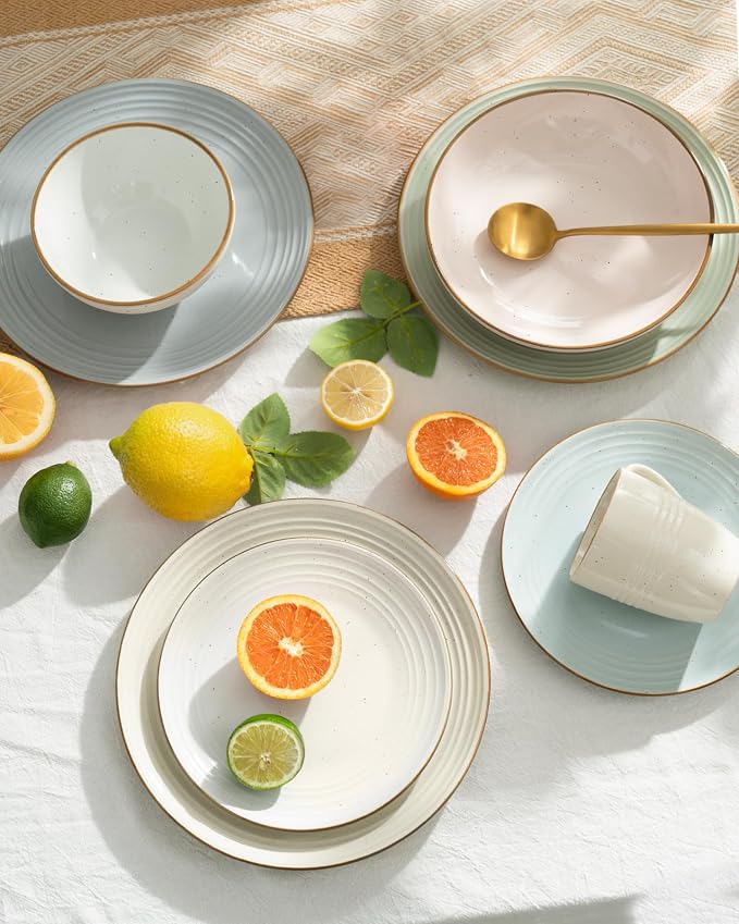 Famiware Jupiter Plates and Bowls Sets with Rim, Stoneware Dinnerware for 4 | 12-Piece Ceramic Neutral Dishes, Speckled & Embossed Swirl, Chip & Scratch Resistant, Microwave & Dishwasher Safe, Multicolor