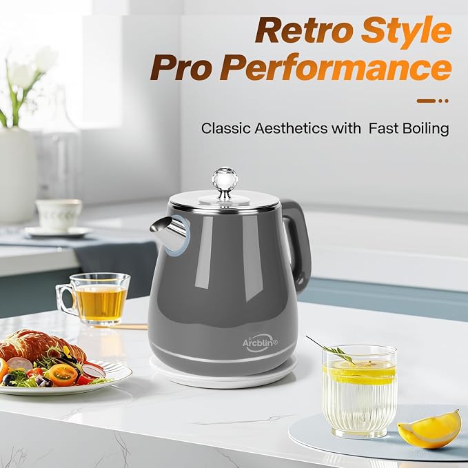 Electric Kettle, Gray, 1.8L | Retro, 1350W Fast Boil, Stainless Steel Interior, BPA Free, Automatic Shut Off