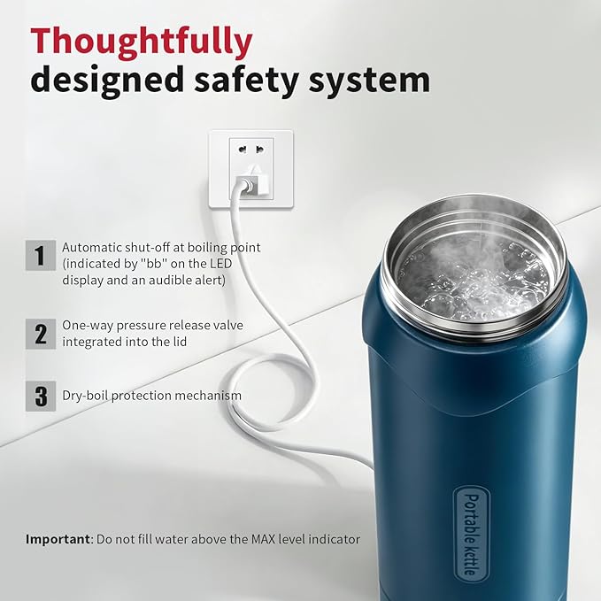 Travel Electric Kettle, Insulated Water Bottle with 4 Temp, Dark Blue | 316 Stainless Steel Liner, 400ml, Auto Shut-Off & Leak-proof, Mini Travel Essentials Portable Office Gifts for Tea Lovers