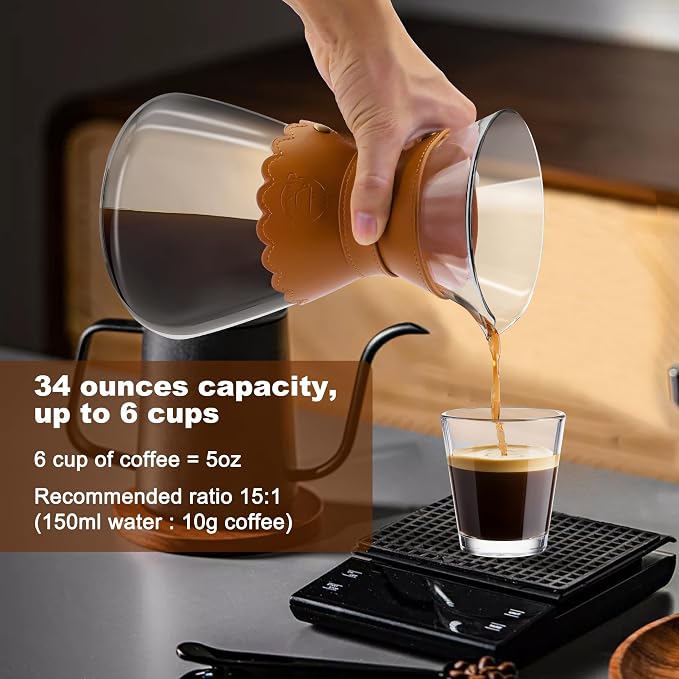 YMMIND 34oz Pour Over Coffee Maker with Double Layer Stainless Steel Filter, Borosilicate Glass Dripper, Detachable Heat-Resistant Leather Pad 7-8 Cups Coffee Maker Carafe（Light brown）