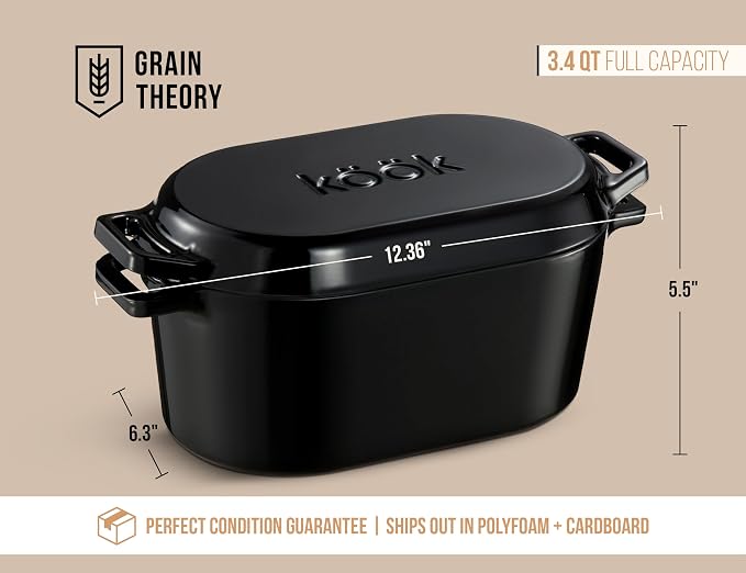 KooK Oval Dutch Oven, for Bread Baking, Sourdough Loaf Pan, with Lid, Dual Handles, Enameled Cast Iron, includes Lid Lever, Dishwasher Safe, 3.4 Qt, Black