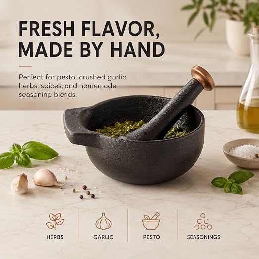 Alva Nori Enameled Cast Iron Mortar & Pestle Set | 2-cup, 4-inch capacity, Spice Grinder Bowl, Heavy-Duty Herb & Garlic Crusher with Textured Interior