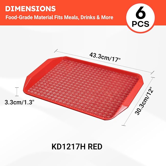 6 Pack Fast Food Serving Trays with Side Handles, 17" x 12" Commercial Cafeteria Plastic Trays, Stackable for Restaurants, Cafés & High-Traffic Dining Environments, Red