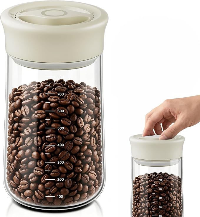 Airtight Glass Storage Jar 27 oz, Easy Open 1/4-Turn Lid Coffee Container | Easy-Open Quarter-Turn Lid, Airtight, Food Grade, Transparency, with Scale