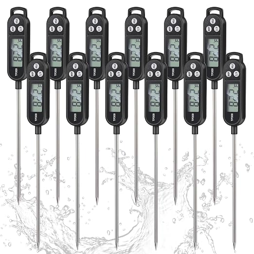 Instant Read Meat Thermometer with Long Probe 9.65 Inch Kitchen Cooking Food Candy Waterproof Digital Thermometer for BBQ Water Milk Yogurt Liquid(Black,12 Pcs)