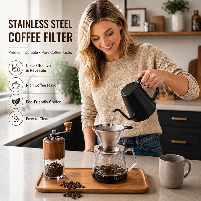 Pour Over Coffee Dripper, Reusable Stainless Steel 600 Mesh Coffee Filter | Paperless Double Mesh Pour Over Coffee Maker, Portable and Easy to Clean for 1-2 Cups with Heat-Resistant Silicone Handle