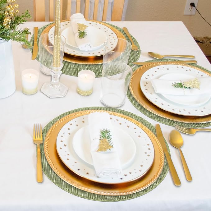 Round Placemats, Placemats Set of 4 Washable Place Mats, Green 15" | Easy to Clean, Heat Resistant Table Mats, Wipeable Linen Placemat for Holiday Party Kitchen Dining Table Decoration
