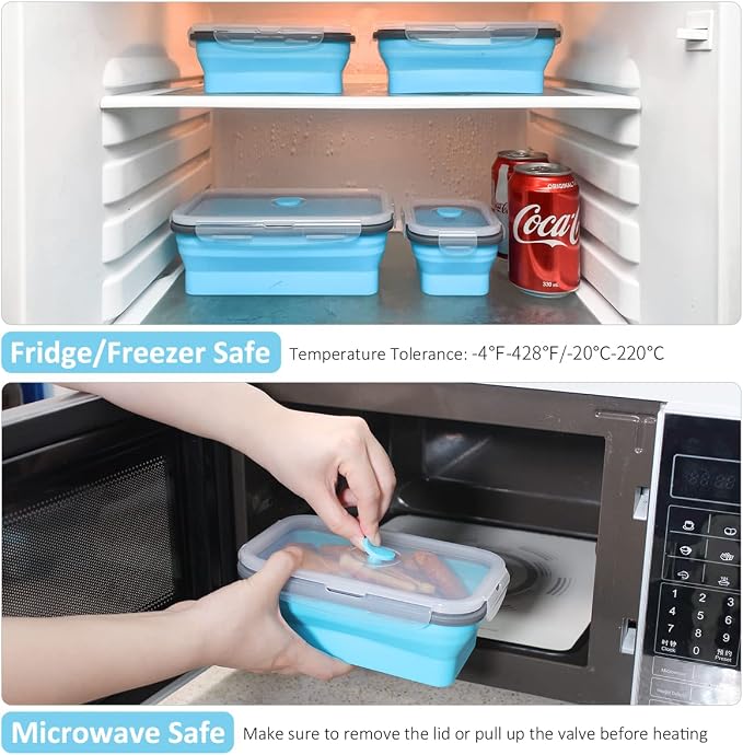 Collapsible Food Storage Containers with Airtight Lid & Air Vent, 4 Sizes, Kitchen Stacking Silicone Collapsible Meal Prep Container Set for Leftover, Microwave Freezer Dishwasher Safe, Blue, Set of 4