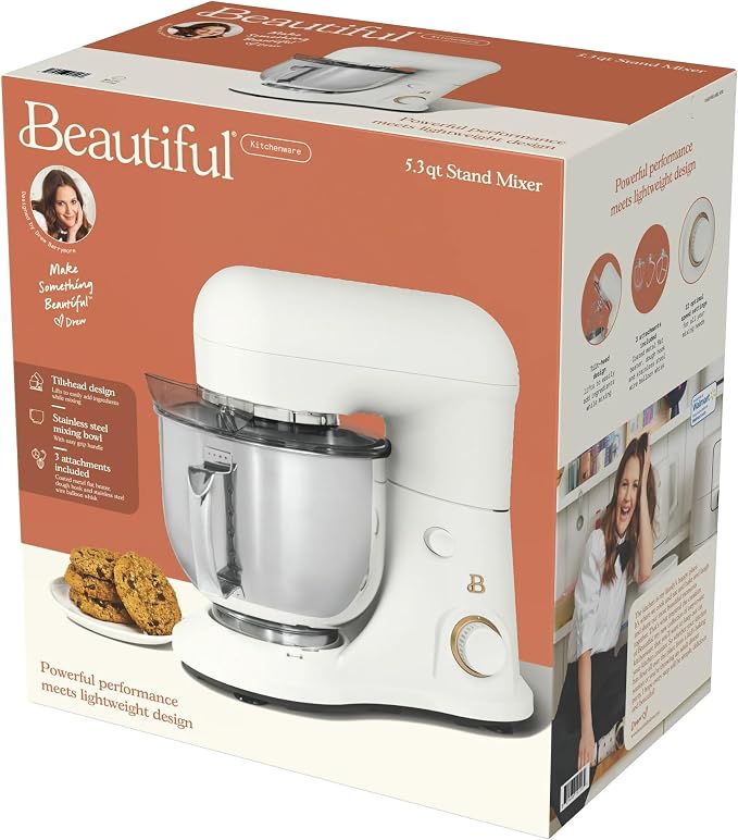 5.3 Qt Stand Mixer, 300W Electric Kitchen Mixer with 12 Speeds, Tilt Head Design, Stainless Steel Bowl, Dough Hook Whisk Beater Splash Guard (White Icing)