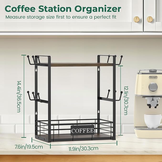 EsLuker.ly Coffee Mug Cup Holder Tree Bar Station Organizer, 2 Tier Brown | Mug Stand Rack for Countertop Kitchen, Storage Tower Display Shelf with 12 Hooks, Coffee Nook Enhancer