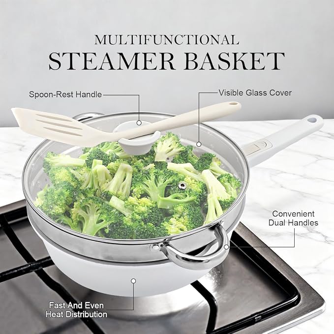 AIKENBBKK 12 Inch Ceramic Frying Pan Skillet with Steamer, Nonstick Saute Pan with Lid, Steamer Pan for Cooking, Induction Compatible, Detachable Handle, Oven Safe, PFAS PFOA & PTFE Free, White